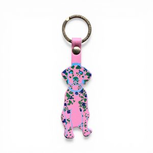 Pink dog leather key fob with metallic blue and green detail