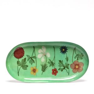 Oval floral enamel tray with vintage watercolour flower design, decorative tray for jewellery and bathroom essentials