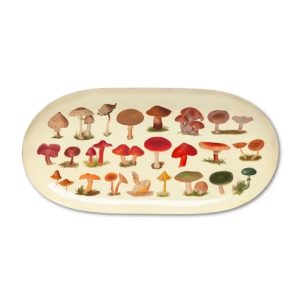 Oval enamel tray with vintage fungi illustrations, decorative botanical tray for jewellery and trinkets