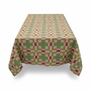 Swedish check linen tablecloth fern green geometric pattern pink ochre