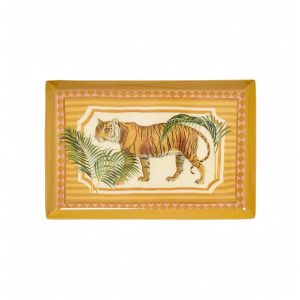 Rectangular enamel tray with vintage tiger illustration, decorative tray for jewellery and stationery