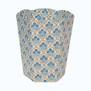 Block printed waste paper basket trellis indigo pattern