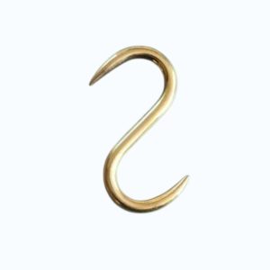 Small traditional solid brass S hook with hand-polished unlacquered finish for hanging kitchen utensils or pans.