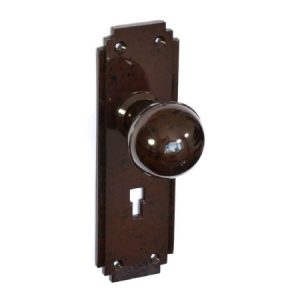 Mottled Brown Bakelite Ball Door Knobs with Art Deco keyhole backplates made from genuine Bakelite.