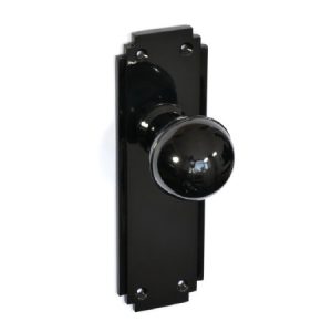 Black Bakelite Ball Door Knobs with Art Deco backplates in genuine Bakelite.
