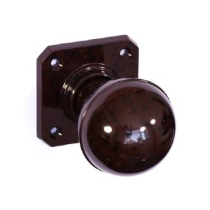 Mottled Brown Bakelite Ball Door Knobs with square backplates made from genuine Bakelite.