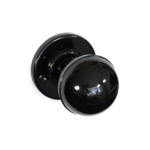 Black Bakelite Ball Door Knobs with plain round backplates made from genuine Bakelite.