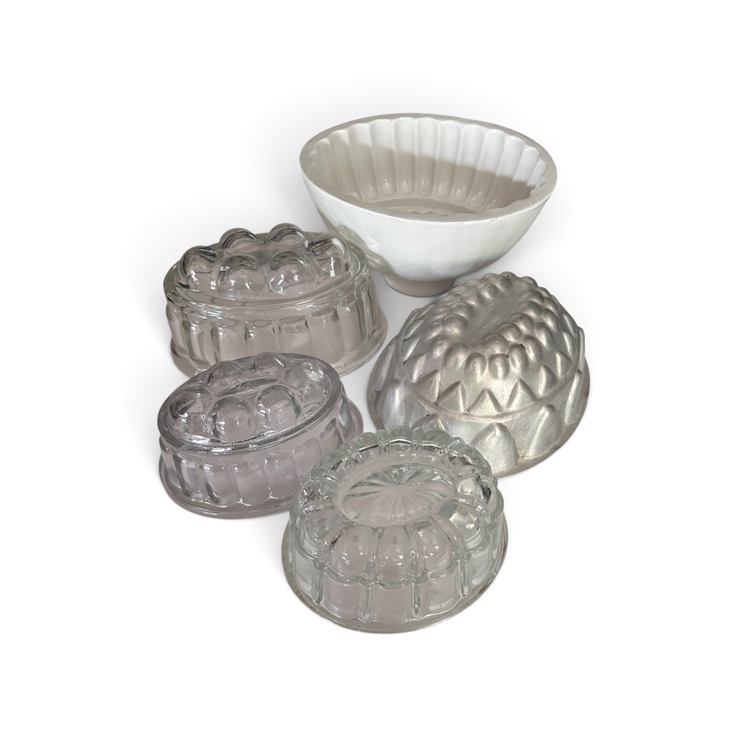 Collection of 5 Vintage Jelly Moulds – Glass, Ceramic & Tin