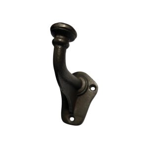 Antique iron larder hook with flat circular tip, fin support and three-hole fixing backplate